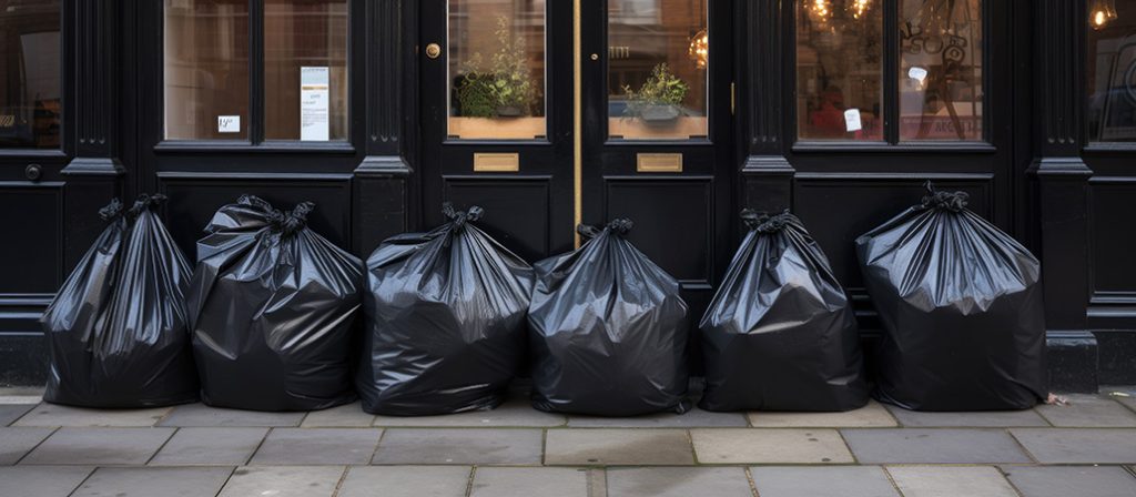 6 black bin bags full of refuse outside a business in London