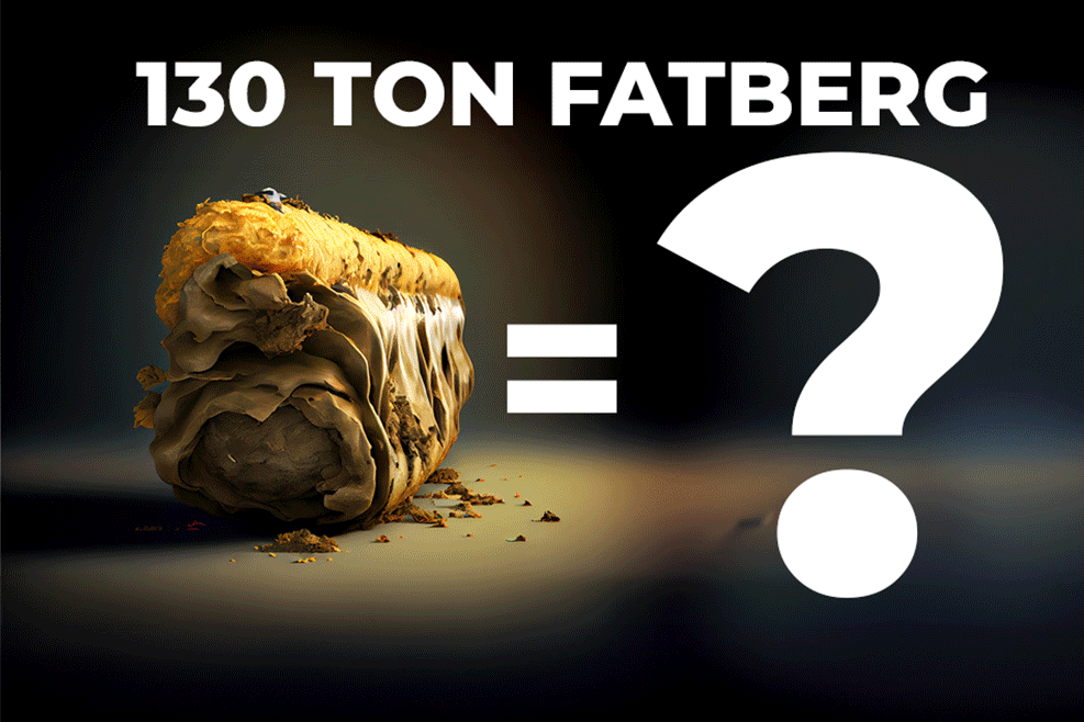 130 Ton Fatberg, equivalent 24 elephants, 2100 humans and 24 double decker buses. 